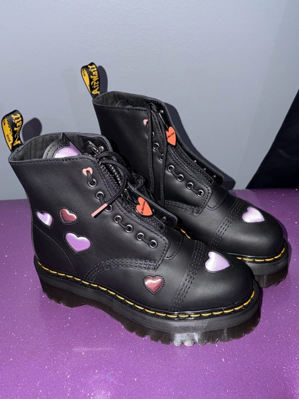 Dr. Martens Black Platform Combat Boots with Pink and Lavender Hearts